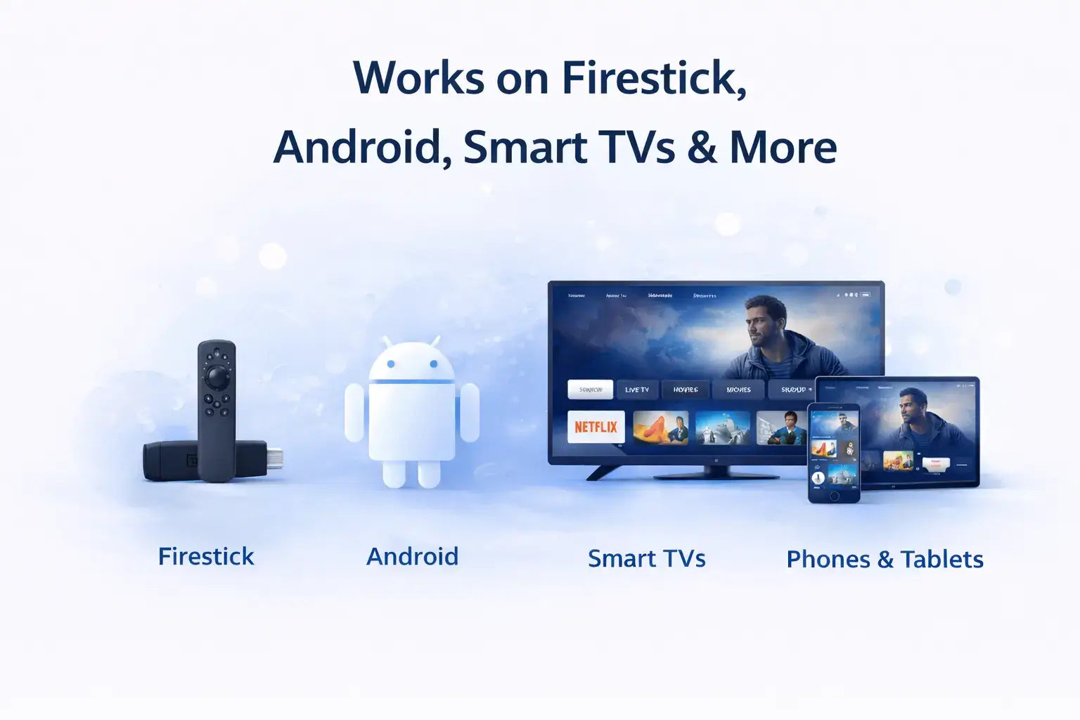 IPTV USA device compatibility showing Firestick, Android, Smart TV, phones, tablets, and computers
