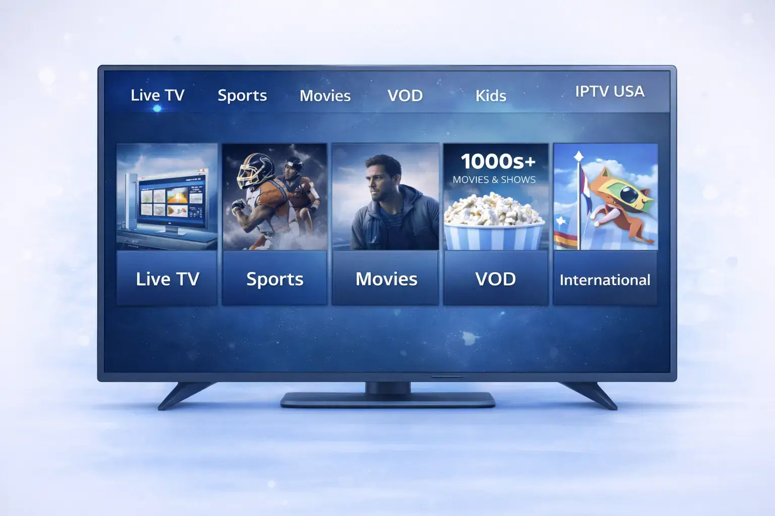 IPTV USA content library with live TV channels, sports networks, movies, and video on demand

