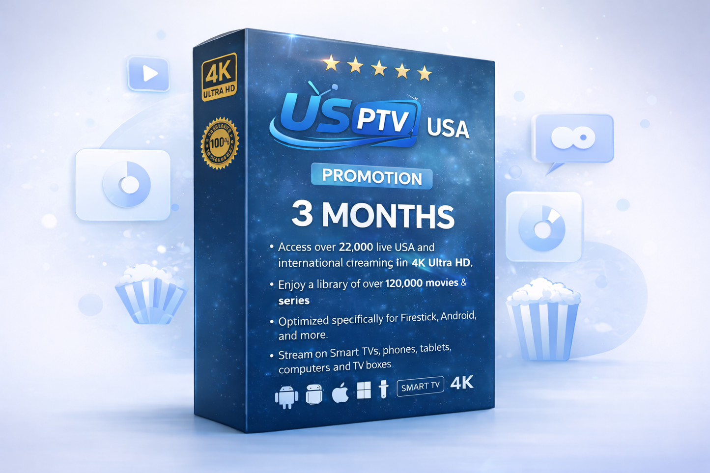 IPTV USA 3-Month Subscription Box – Access 17,000+ live channels and 40,000+ VOD titles in 4K Ultra HD. Includes smart TV, Android, iOS, Firestick, and Windows support with instant activation and no VPN required.
