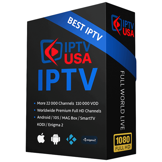 "IPTV USA 12-Month Subscription packaging featuring support for multiple devices including Android, iOS, MAG Box, Smart TV, KODI, and Enigma2. The box highlights access to over 22,000 live channels and 110,000 VOD in Full HD quality with global coverage."

