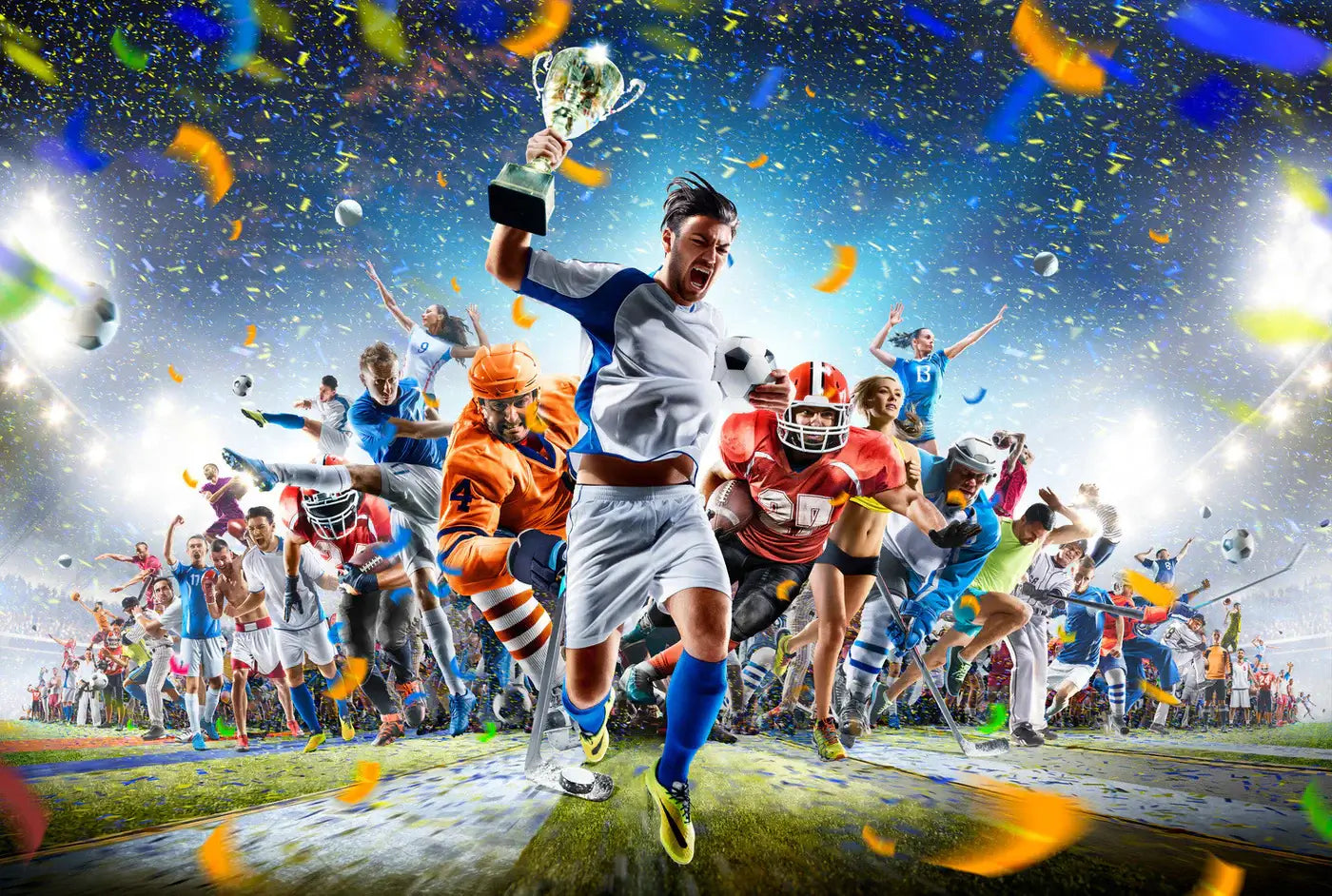 Dynamic collage of athletes from various sports including soccer, football, hockey, and basketball celebrating under stadium lights — representing IPTV USA’s live sports streaming coverage.

