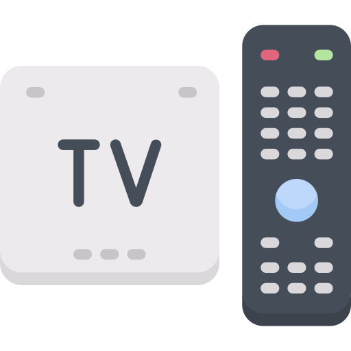 TV box and remote control icon representing IPTV USA set-top box support for easy home streaming and channel navigation.

