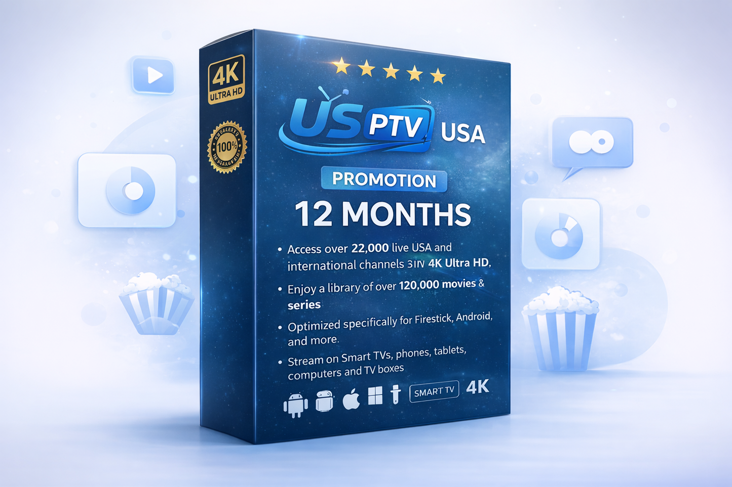 IPTV USA 12-Month Subscription Promotion Box – Full-year access to 17,000+ global channels and 40,000+ movies and series. Stream in HD/4K on all devices: iOS, Android, Firestick, Smart TVs, and PCs.
