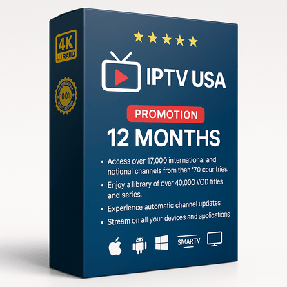 IPTV USA 12-Month Subscription Promotion Box – Full-year access to 17,000+ global channels and 40,000+ movies and series. Stream in HD/4K on all devices: iOS, Android, Firestick, Smart TVs, and PCs.

