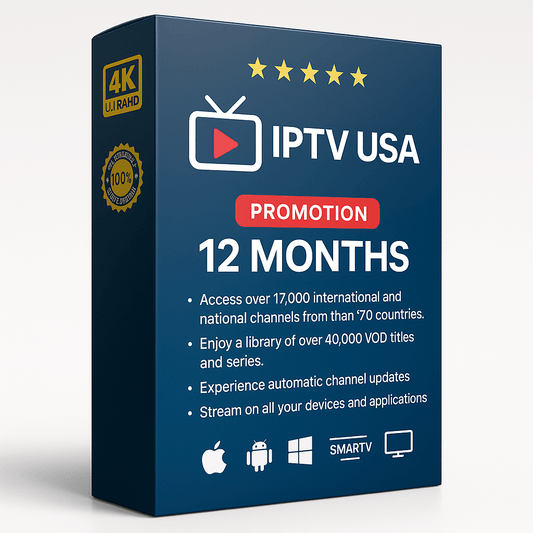 IPTV USA 12-Month Subscription Promotion Box – Full-year access to 17,000+ global channels and 40,000+ movies and series. Stream in HD/4K on all devices: iOS, Android, Firestick, Smart TVs, and PCs.

