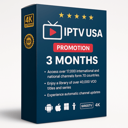 IPTV USA 3-Month Subscription Box – Access 17,000+ live channels and 40,000+ VOD titles in 4K Ultra HD. Includes smart TV, Android, iOS, Firestick, and Windows support with instant activation and no VPN required.

