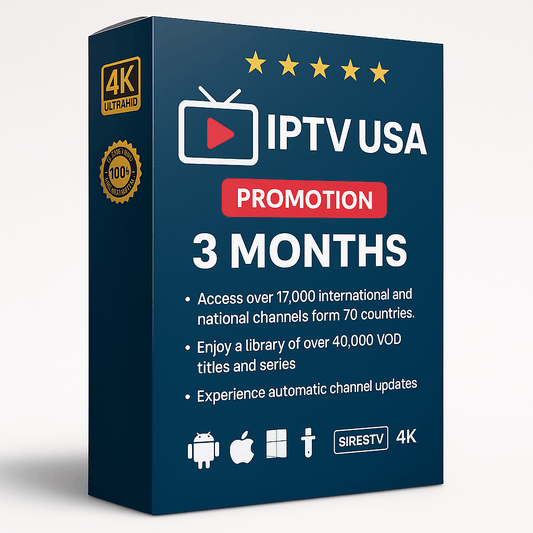 IPTV USA 3-Month Subscription Box – Access 17,000+ live channels and 40,000+ VOD titles in 4K Ultra HD. Includes smart TV, Android, iOS, Firestick, and Windows support with instant activation and no VPN required.


