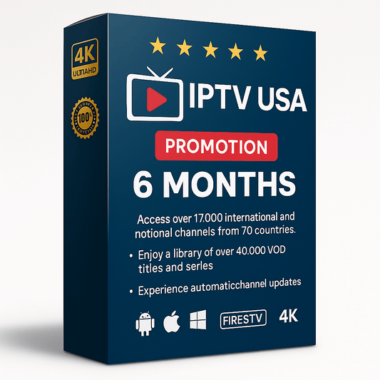 IPTV USA 6-Month Plan Packaging – Premium streaming with 4K support, 17,000+ international channels, and 40,000+ on-demand shows. Compatible with Smart TVs, Android, Windows, and Apple devices.

